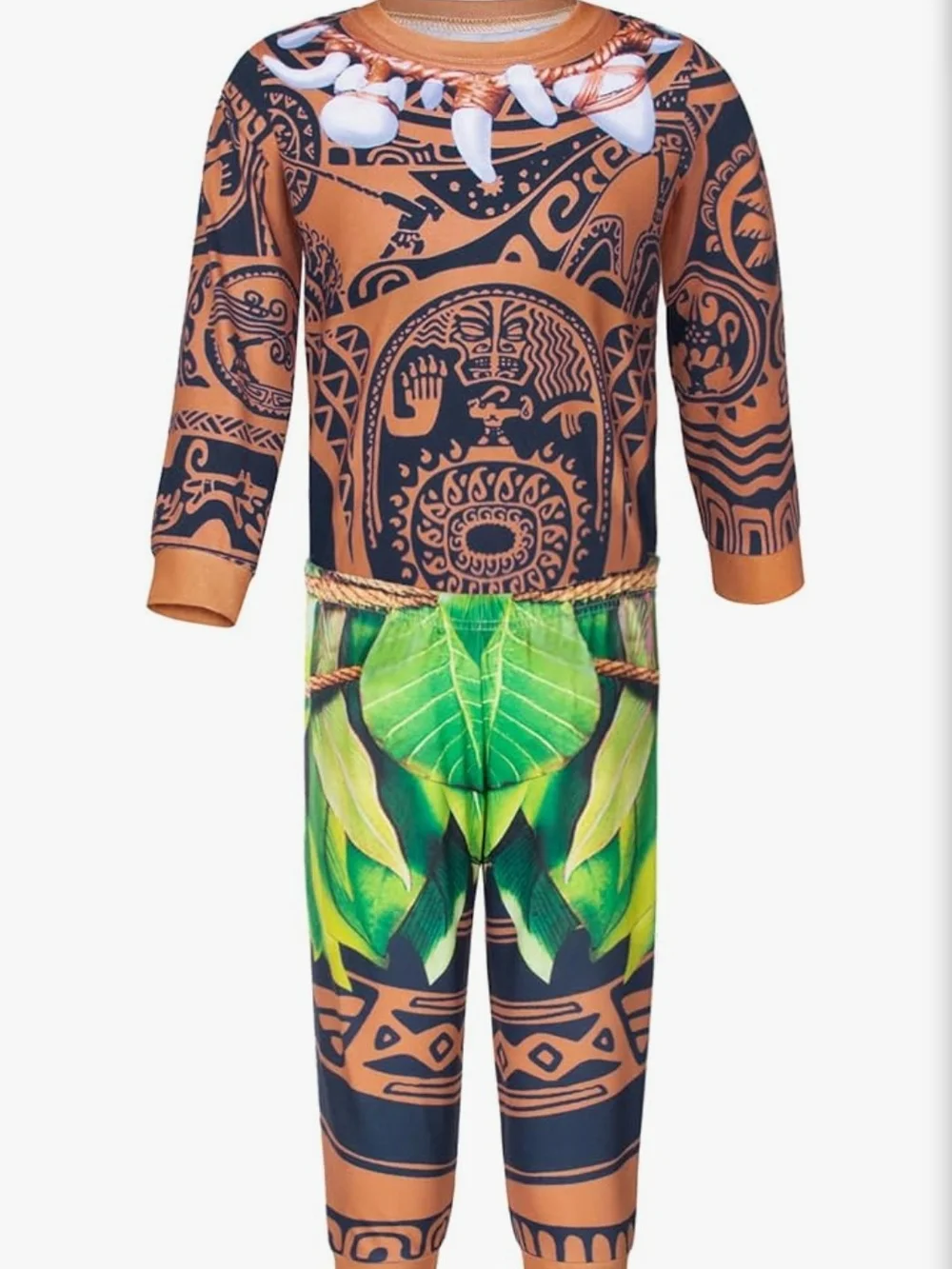 Maui Kids Brown & Green Tribal Leaf Superhero Costume with Wig